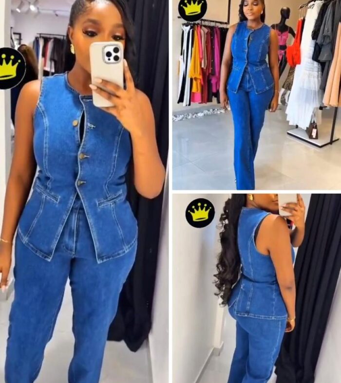 Ensemble Denim Chic – Sans Manches & Taille Marquée