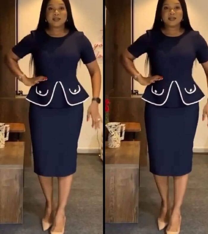 Tailleur femme jupe élégante – Haut basque à bordure blanche & jupe crayon