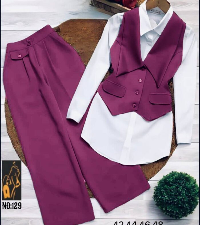 Ensemble 3 pièces femme – Chemise blanche, gilet cintré & pantalon large